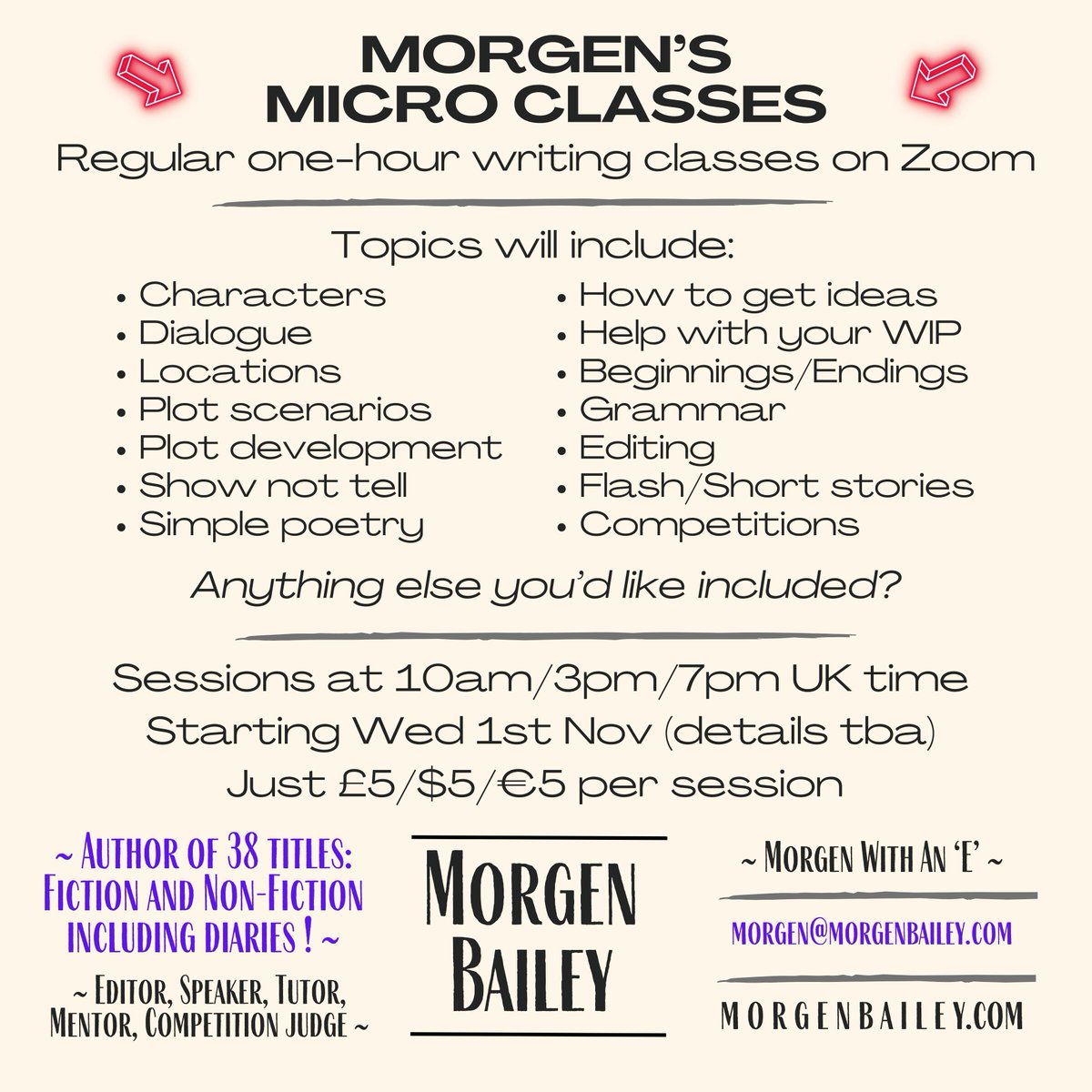 Hello everyone. I'm planning regular online one-hour writing classes from November. What would interest you? #writingclasses #howtowrite #improvemywriting #writingcourses #writinghelp #zoomclasses #zoomwritingclasses