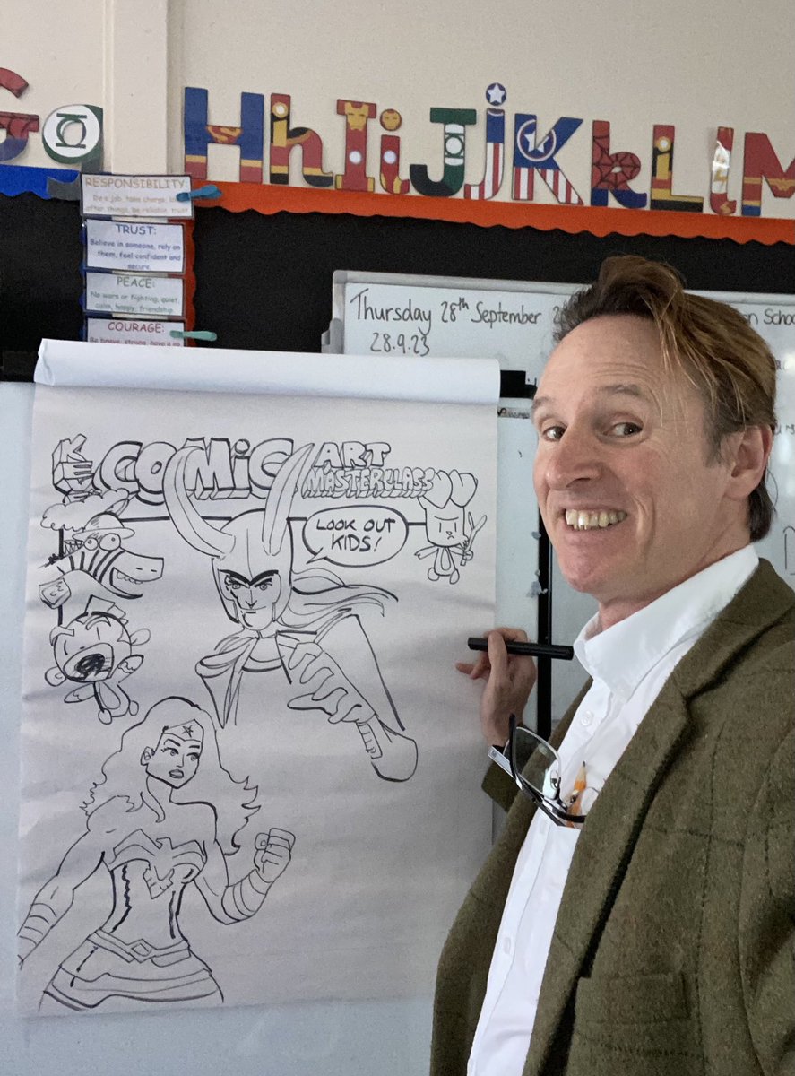 KevFComicArtist's tweet photo. Flipchart kicking off a bit Loki-ey here at Old Hutton Primary in Kendal

#ComicArtMasterclass ⁦@littlelicaf⁩ ⁦@ComicArtFest⁩ https://t.co/FraQaBT10U