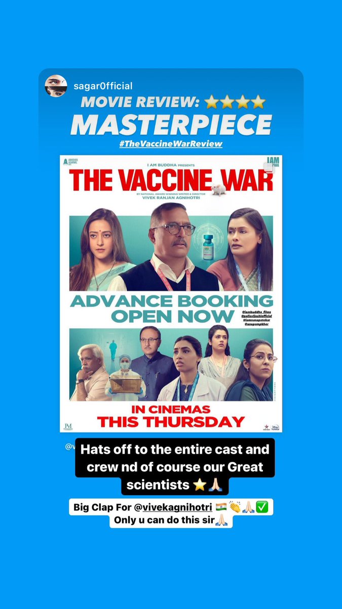 vivekagnihotri's tweet photo. People reviews of a people’s film. 
In cinemas now. #TheVaccineWar #ATrueStory is inspiring everyone. https://t.co/ZUtqVqcaNu