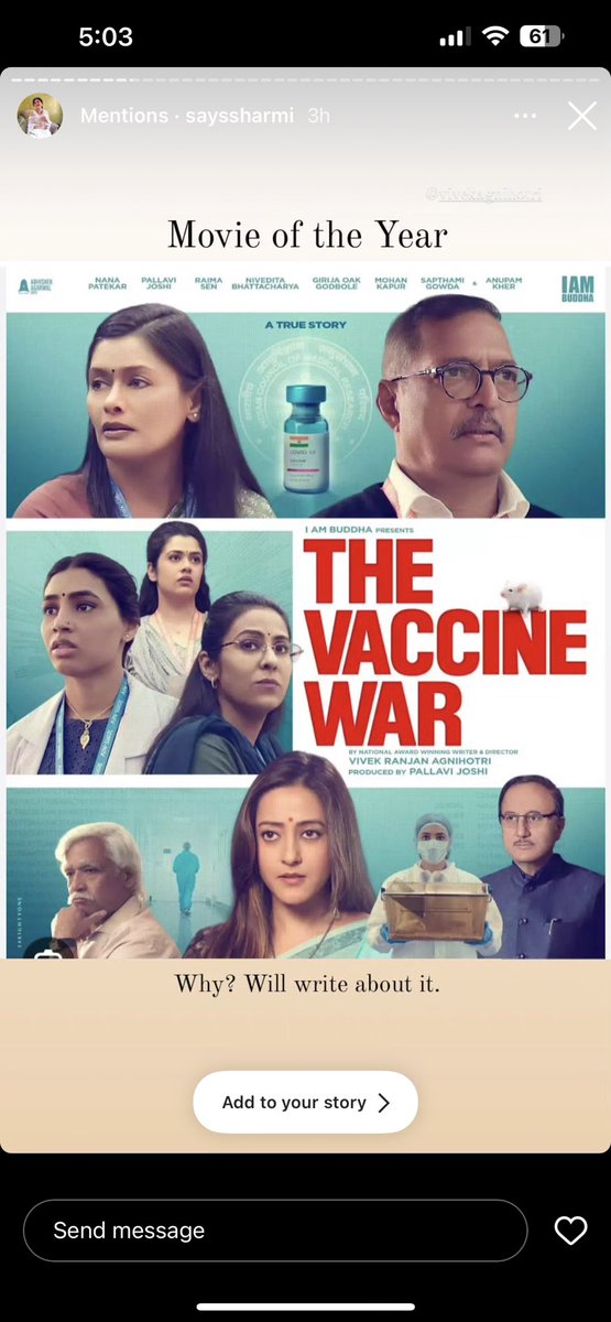 vivekagnihotri's tweet photo. People reviews of a people’s film. 
In cinemas now. #TheVaccineWar #ATrueStory is inspiring everyone. https://t.co/ZUtqVqcaNu