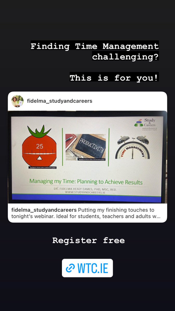 Putting my finishing touches to tonight’s webinar! Ideal for students, teachers and adults who want to achieve more w/ limited time available. I’m always on lookout for new ideas on this topic! Register for free wtc.ie/cpd-courses-2/… #timemanagement #productivityisselfcare