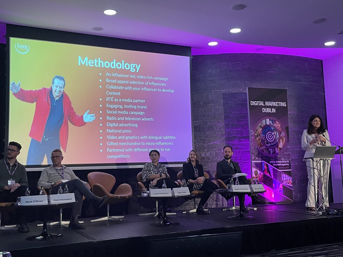 MissLauraWhite's tweet photo. Táim an-tógtha leis an gcur i láthair seo! …. And yes I needed AI to make sure I wrote that correctly as Gaeilge 😉 Lots of learning across both #DigitalMarketing and the Irish language at todays Digital Marketing Dublin event. #DmDublin @LorGMedia https://t.co/xpnThi5TCm