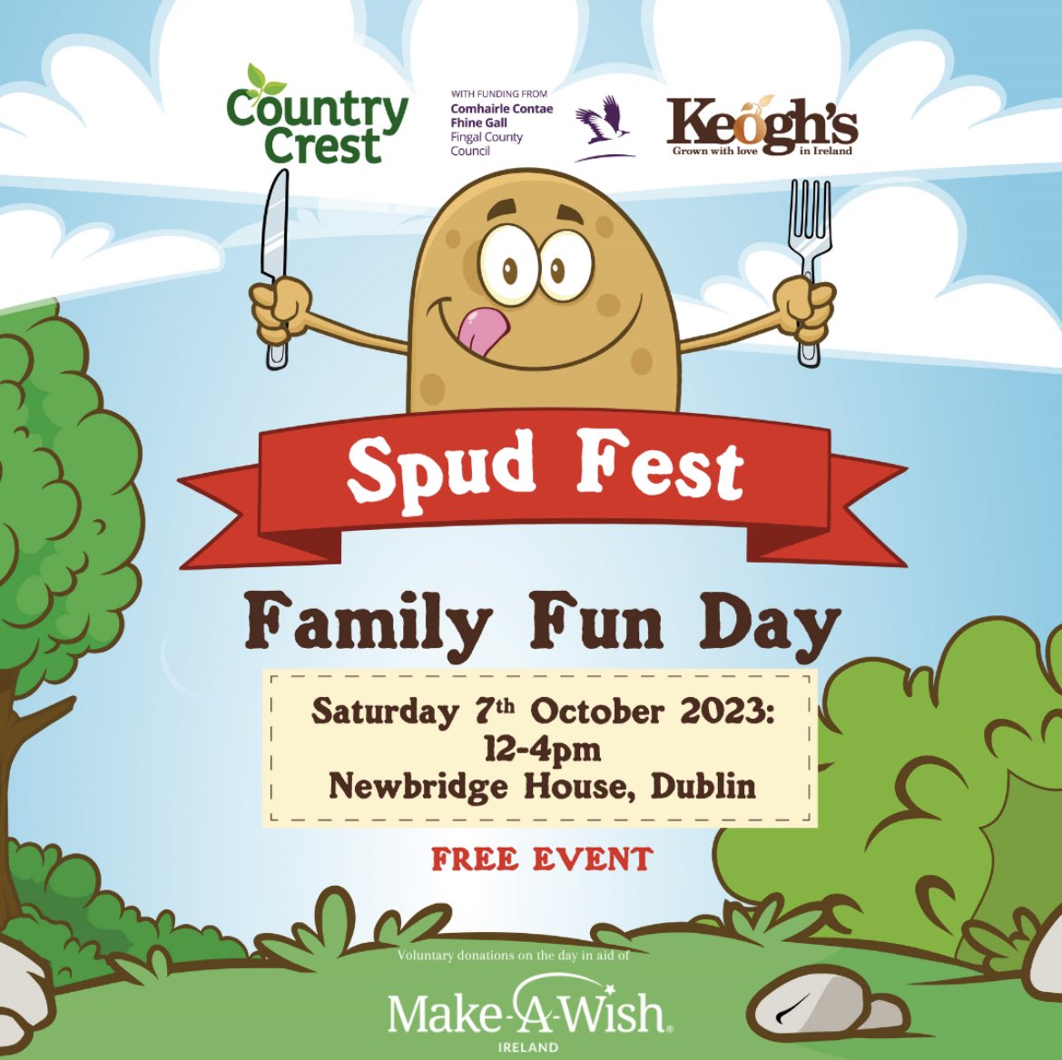 Country Crest & @Keoghsfarm Farm invite you @NewbridgeHF for a family day to celebrate the mighty spud! 🥔🚜🤹‍♀️🎶 We’ll have delicious baked potatoes, games & entertainment. All donations on the day for Make-A-Wish will be welcome. Hope to see you then! #NationalPotatoDay