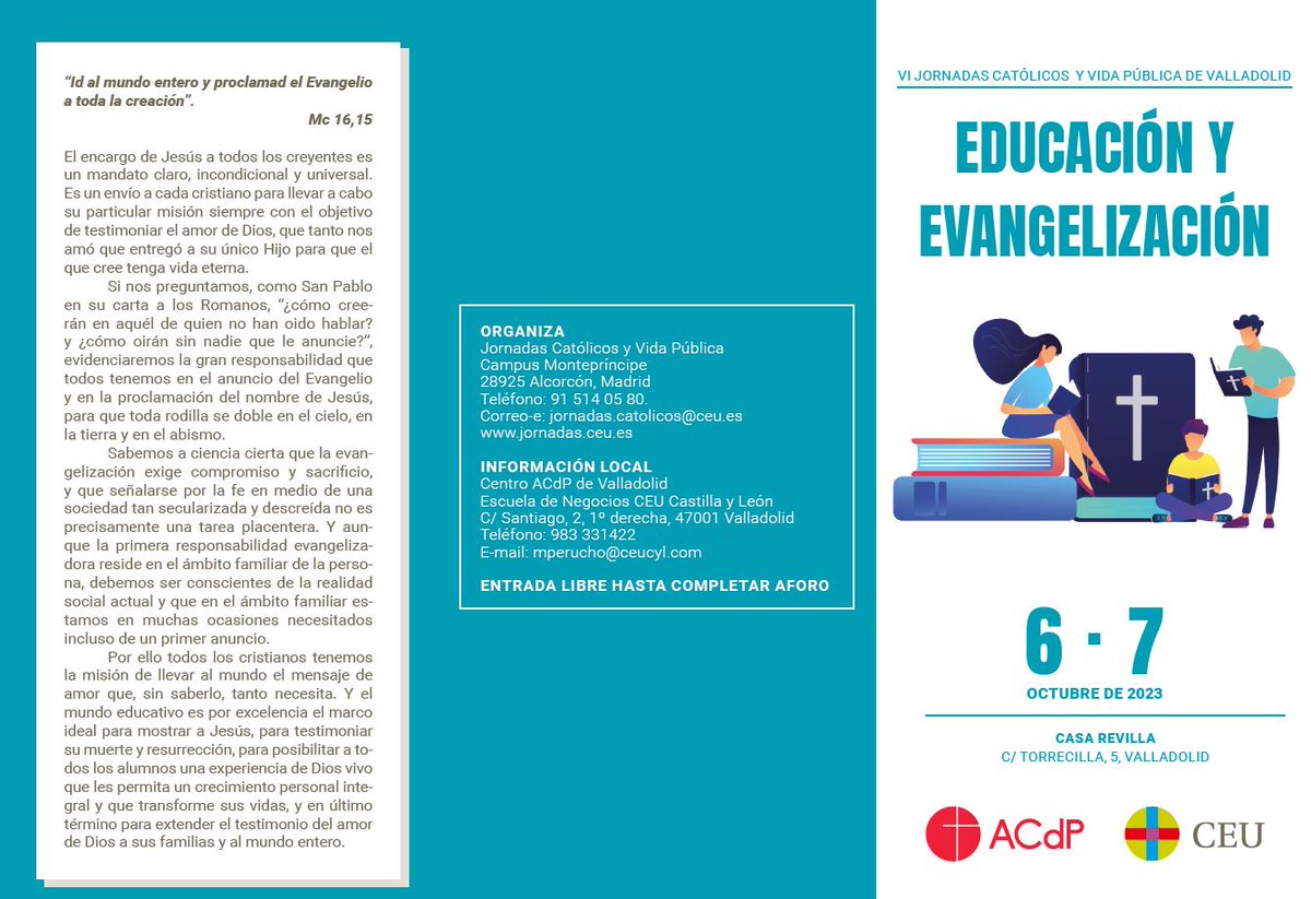 archiValladolid's tweet photo. Mañana viernes (17h) y el sábado la @acdp_es y la @USPCEU celebran sus VI Jornadas #CatólicosyVidaPública en #Valladolid sobre Educación y Evangelización, con interesantes ponentes y propuestas👇🏿
"Id al mundo entero y proclamad el Evangelio" (Mc 16, 15)
@ensenanza_de
@ecatolicas https://t.co/cYT6AkkqfI