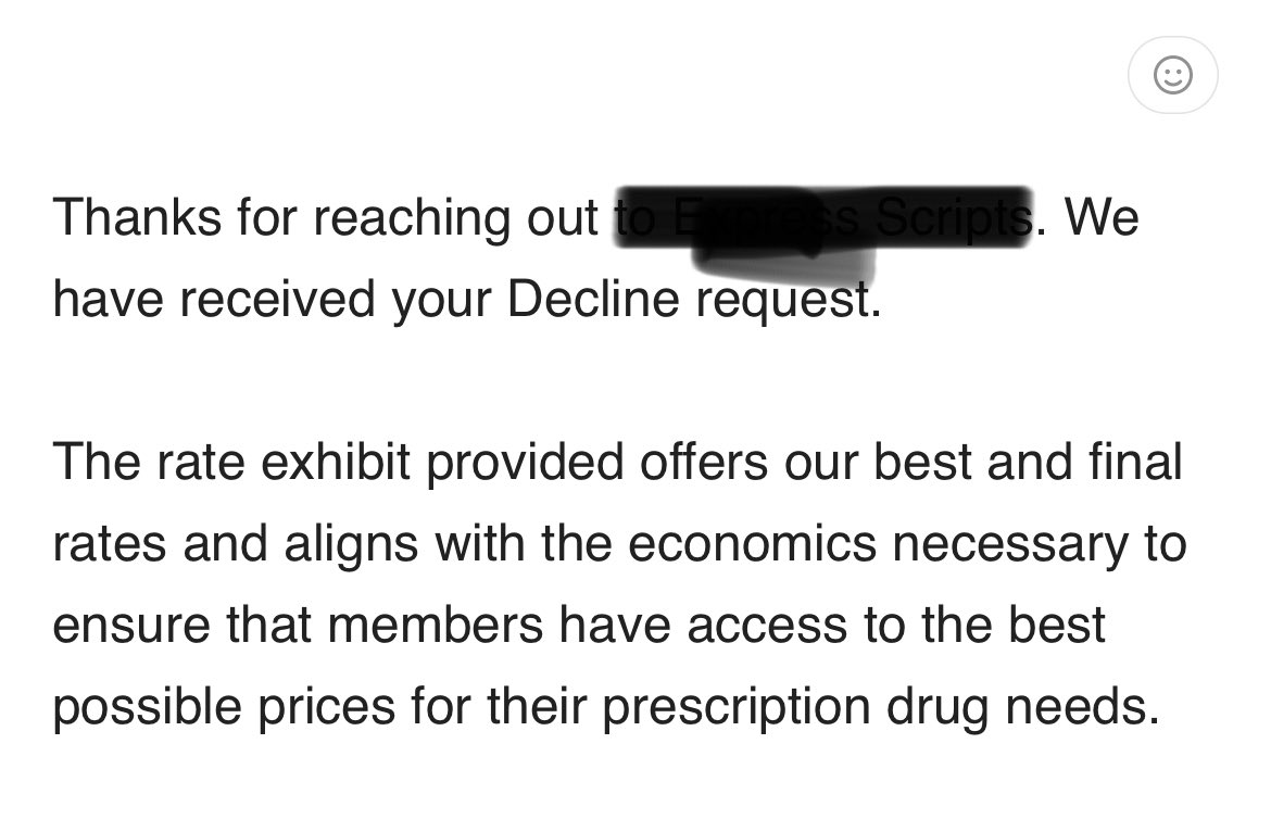 bouitter's tweet photo. PBM cheating a #pharmacy 😮
decline a contract paying cost -11% or 🔜 auto-enrolled
countered at cost +3%
They said:
@ABC @nytimes @PBS @npratc @USATODAY
@linakhanFTC @JusticeOIG @SenatorCantwell @ChuckGrassley @commercedems
@BoesingLoretta @TruthRX
@ExposingPBMs @mainstreetpharm https://t.co/kWKh3Q7FL5
