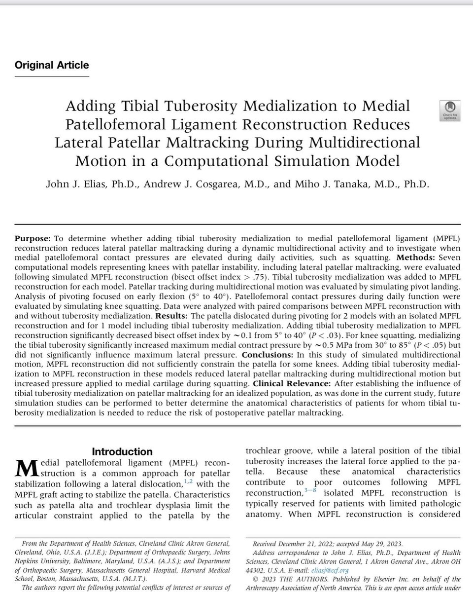 DrMihoTanaka's tweet photo. Our latest publication in @ArthroscopyJ demonstrates a new model to simulate pivoting in knees of patients with #PatellarInstability

In knees *with #malalignment*, we found that patellar tracking was improved when #TTO was added when compared to #MPFL reconstruction alone https://t.co/L3zNkd0DSb