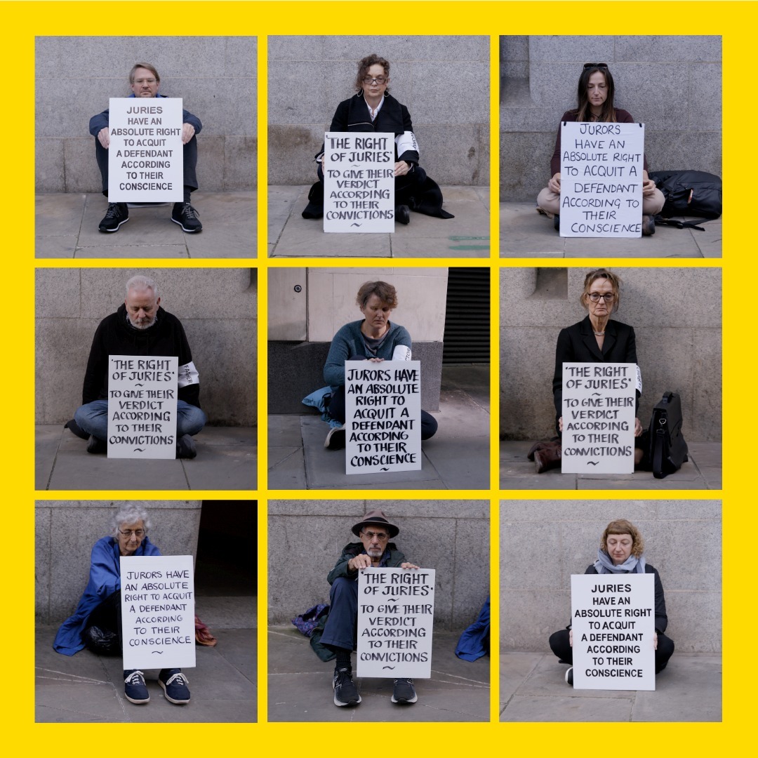 GoodLawProject's tweet image. On Monday hundreds of people held up this sign outside courts across the country to show solidarity with Trudi Warner, who could be imprisoned for up to two years.

🔄 RT if you stand with them