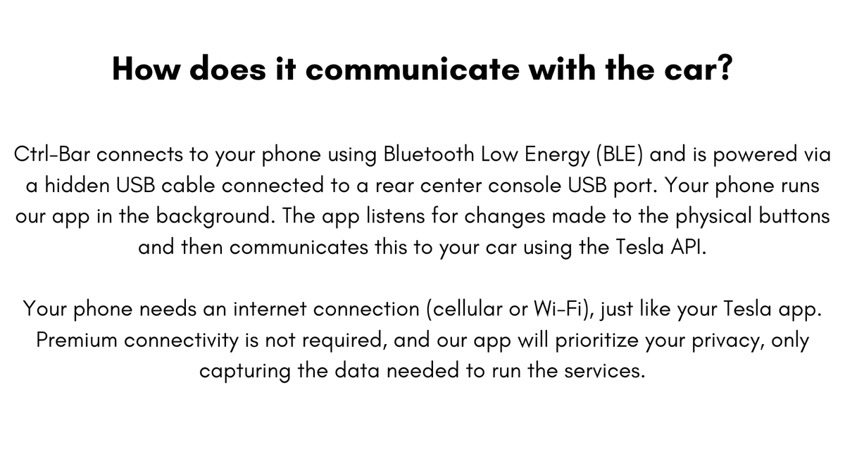 Greenmission123's tweet photo. How does the Ctrl-Bar work? Swipe to read in detail how the ctrl-bar communicate with the car, how it deal with the delay in the API and how we handle your data privacy. #Tesla #teslaaccessories #teslamotors #drivewithctrl #ctrlbar https://t.co/oXTTW674xD