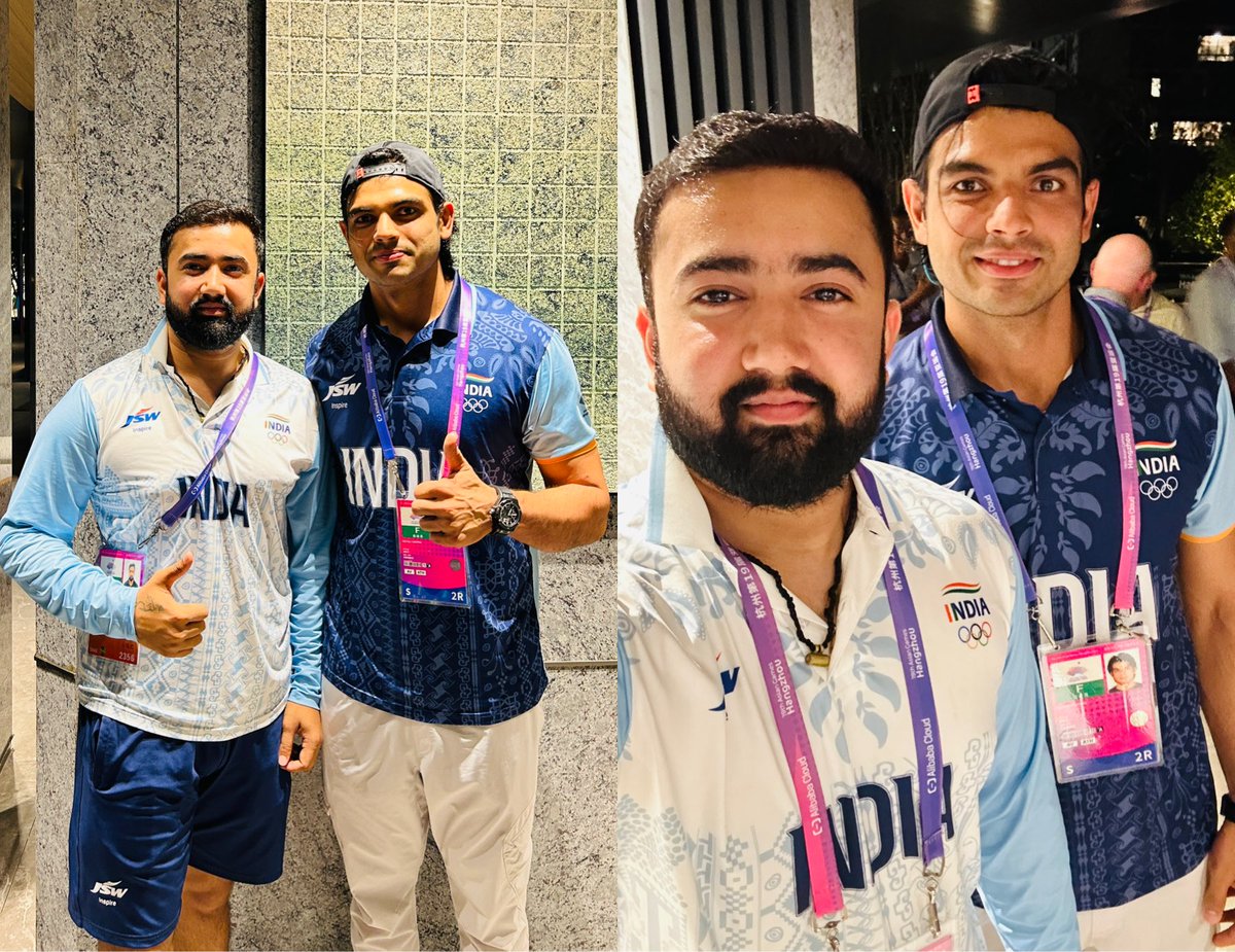 askdr_ut's tweet photo. Fan boy moment 🇮🇳🫶🏻
Pride of India @Neeraj_chopra1 
The most humble and down to earth person I’ve ever met. 
19th Asian Game Hangzhou,China.
Living with the legend in the same building, eating together in the same dining hall is a blessing. God is great✨
Jai Hind. Jai Bharat. 🇮🇳 https://t.co/XNoznLTJSL