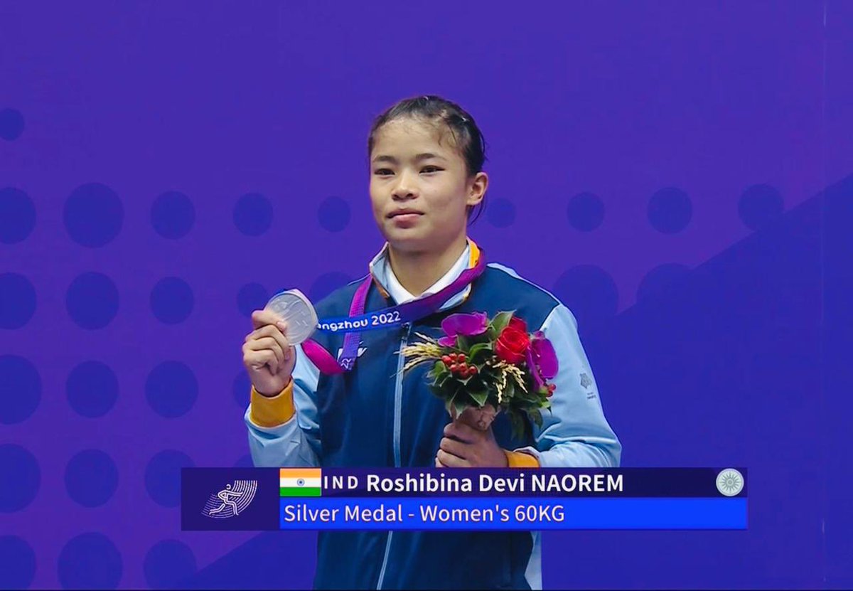 SamadonAyangba's tweet photo. Naorem Roshibina Devi from #Manipur brought silver medal for our nation 🇮🇳 in the #AsianGames2023. 
My dear #Indians, a simple reminder...
"NO MANIPUR, NO POWER HOUSE OF SPORTS"
"NO MANIPUR, NO MEDALS"
"NO MANIPUR, NO OLYMPIANS" 
Save #Manipur "Jewelled land" b4 its too late. 💪🏻 https://t.co/fjfD8o61Jq