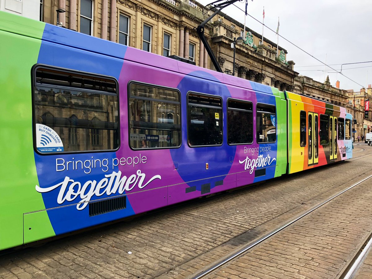 I love this new Sheffield Supertram rainbow colour-scheme that is “bringing people together” 🙌🏳️‍🌈🏳️‍⚧️ It was looking gorgeous outside <a href="/TheCutlersHall/">Cutlers' Hall</a> yesterday 😍 <a href="/SCSupertram/">Previously Supertram | @SY_Supertram</a> #Sheffield #LGBTQ