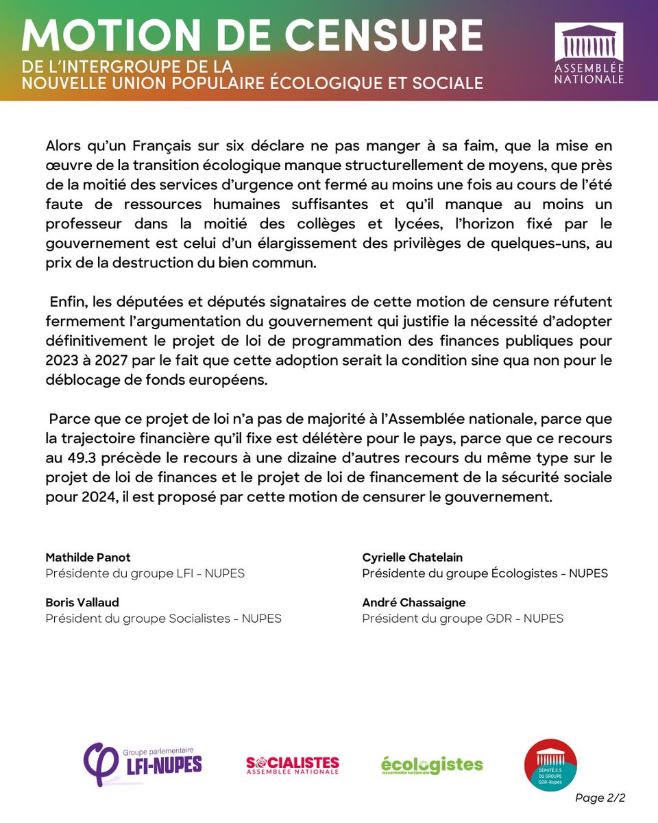 🔴📑 <a href="/Elisabeth_Borne/">Élisabeth BORNE</a> a fait le choix de recourir à 12ème 49.3 pour imposer la #LPFP, projet de loi austéritaire pour les Français·es !

Nous avons déposé une #MotionDeCensure !

Retrouvez le texte en intégralité, présentée par les président·es de l'intergroupe #NUPES ⤵️