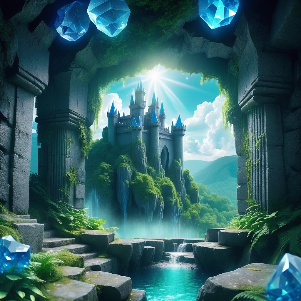 #MadeOnQolaba
<a href="/Qolaba/">Qolaba.AI</a> 
This is just the beginning,more available on Qolaba app. 

Landscape of lush magical fantasy valley between mountains blue river flowing with a unicorn horse drinking water between forests, blue crystals,stone pillars, cave entrance, castle background.