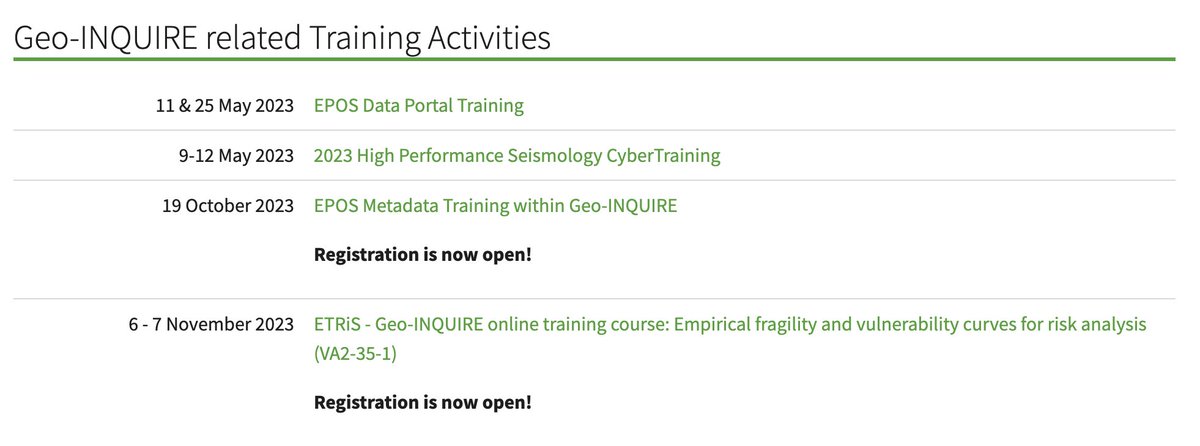 Two new training activities within Geo-INQUIRE. Open to everyone & free of charge. Register at
geo-inquire.eu/dissemination/…
EPOS Metadata Training within Geo-I, 19/10/2023
ETRiS - Geo-I online training course: Empirical fragility and vulnerability curves for risk analysis, 6-7/11/2023