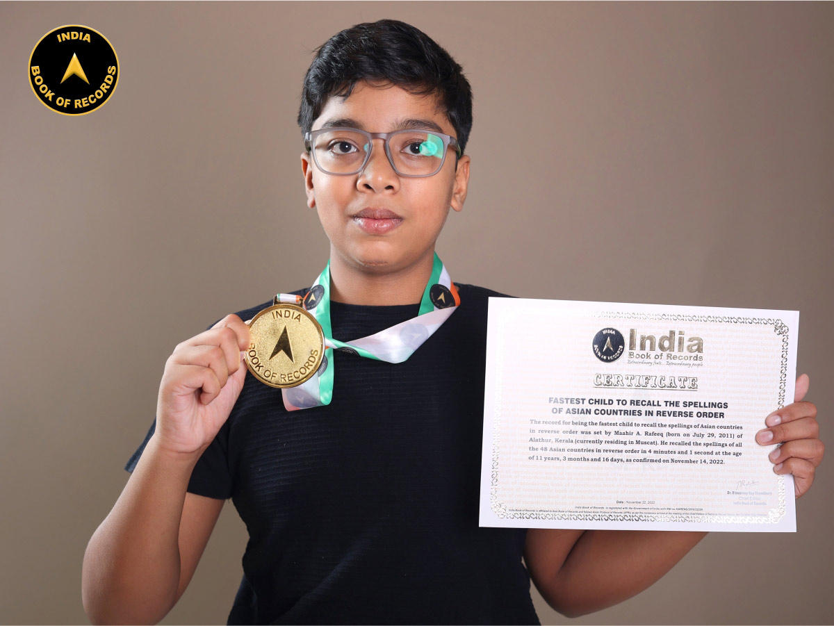 indiabookrecord's tweet image. The record for being the fastest child to recall the #spellings of #Asiancountries in #reverseorder was set by Maahir A. Rafeeq of Alathur, #Kerala (currently residing in Muscat). 
Read at: indiabookofrecords.in/fastest-child-…