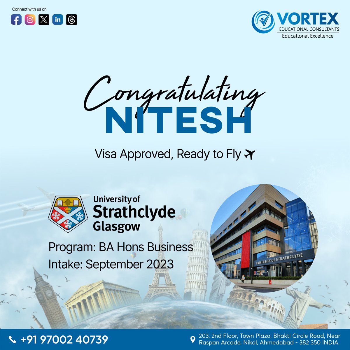 VortexEdu1's tweet image. 🎉 Congratulations Nitesh! 🎉

You've unlocked a new chapter of your academic journey by securing a spot in the BA Hons Business program at the prestigious University of Strathclyde. September 2023 awaits you with boundless opportunities and learning experiences. 🎓

Team Vortex