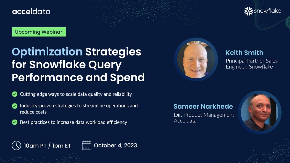 Acceldata (@acceldataio) on Twitter photo Next Week: "Optimization Strategies for Snowflake Query Performance and Spend" w/ <a href="/SnowflakeDB/">SnowflakeDB</a> & Acceldata.
Learn key strategies for unlocking the true potential of Snowflake’s capabilities
Register: hubs.la/Q021PglP0
#dataobservability #snowflake #dataquery Next Week: "Optimization Strategies for Snowflake Query Performance and Spend" w/ <a href="/SnowflakeDB/">SnowflakeDB</a> & Acceldata.
Learn key strategies for unlocking the true potential of Snowflake’s capabilities
Register: hubs.la/Q021PglP0
#dataobservability #snowflake #dataquery