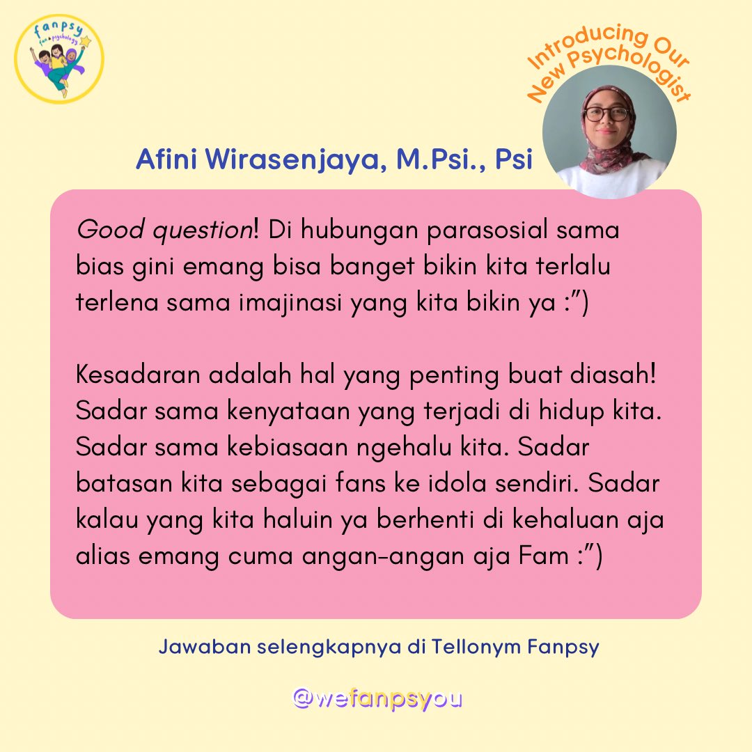 wefanpsyou's tweet photo. "Ka gimana ya biar ga terlalu halu sama bias? Ada kaya tindakan prefentifnya ga ya" - [FANPSY FAM BERTANYA, PSIKOLOG FANPSY MENJAWAB!]

Good question! Di hubungan parasosial sama bias gini emang bisa banget bikin kita terlalu terlena sama ima... #tellonym  https://t.co/nHpnWFJre8 https://t.co/Wf0XGjFWOo