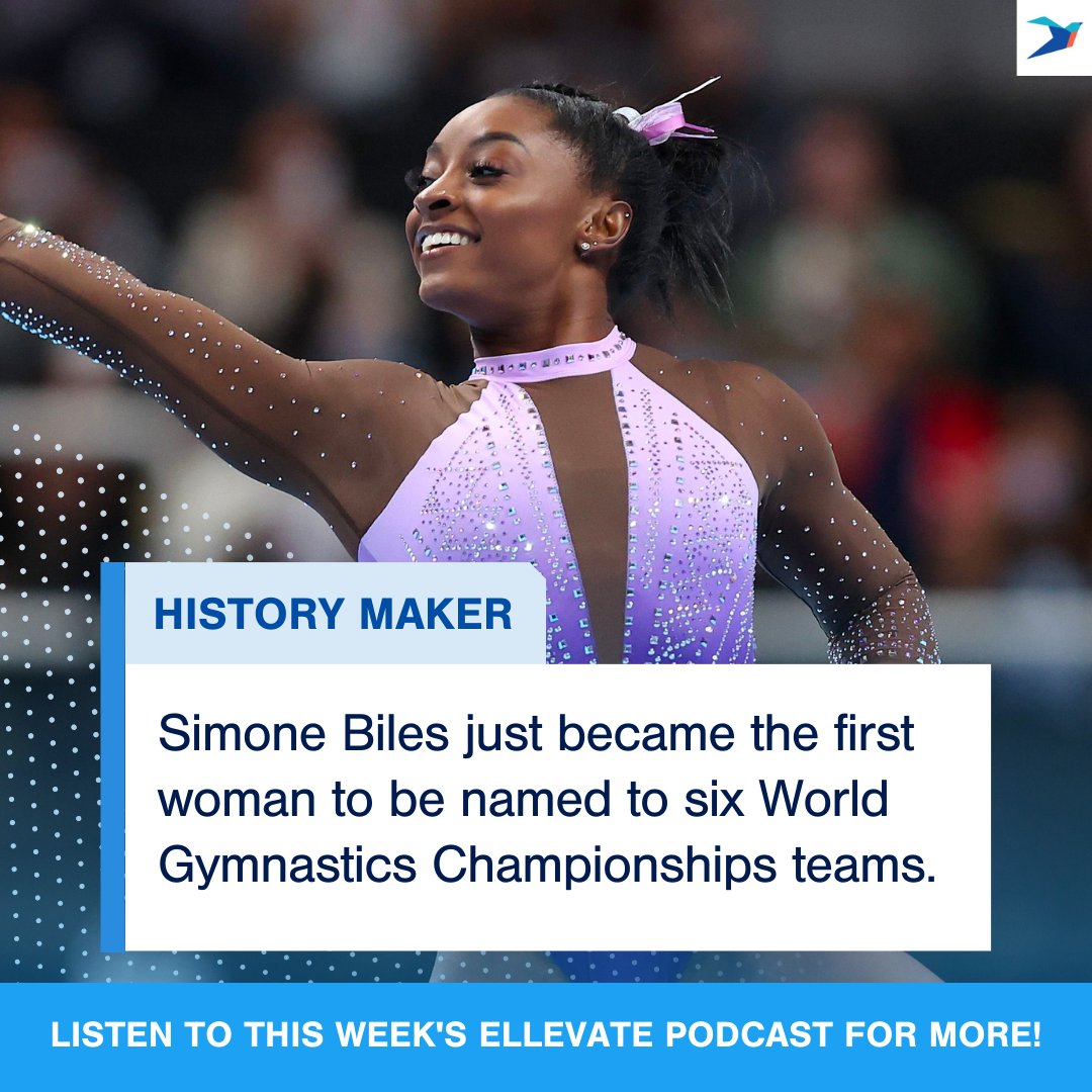 Simone Biles just became the first woman to be named to six World Gymnastics Championships teams! Listen to the Ellevate Podcast to hear more firsts celebrated every episode!⁠ #first #history #representation #representationmatters #gymnastics