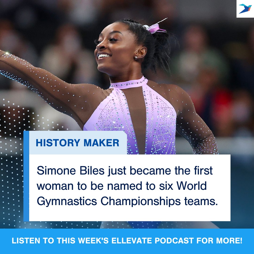 EllevateNtwk's tweet photo. Simone Biles just became the first woman to be named to six World Gymnastics Championships teams!

Listen to the Ellevate Podcast to hear more firsts celebrated every episode!⁠

#first #history #representation #representationmatters #gymnastics https://t.co/6pbsxkgmdg