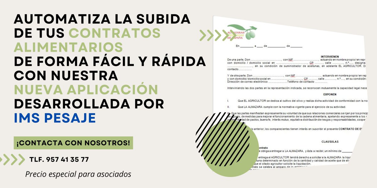 ASOCIACIÓN EMPRESARIAL ALMAZARAS INDUSTRIALES (@acoracordoba) on Twitter photo Si quieres saber como automatizar la subida de tus Contratos Alimentarios a la plataforma de la AICA, de una forma rápida y sencilla, a través de nuestra nueva aplicación...
¡Contacta con nosotros e infórmate!
Tlf. 957413577
Mail. info@almazarasdecordoba.org Si quieres saber como automatizar la subida de tus Contratos Alimentarios a la plataforma de la AICA, de una forma rápida y sencilla, a través de nuestra nueva aplicación...
¡Contacta con nosotros e infórmate!
Tlf. 957413577
Mail. info@almazarasdecordoba.org