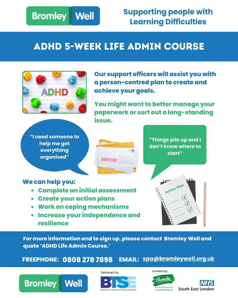 BromleyMencap's tweet image. . @bromleywell has a FREE 5-week Life Admin course starting on 12 October. This is to support people to manage their paperwork or sort out a long-standing issue.
For more info, contact Bromley Well on 0808 278 7898 or spa@bromleywell.org.uk 

#ADHDAwarenessMonth