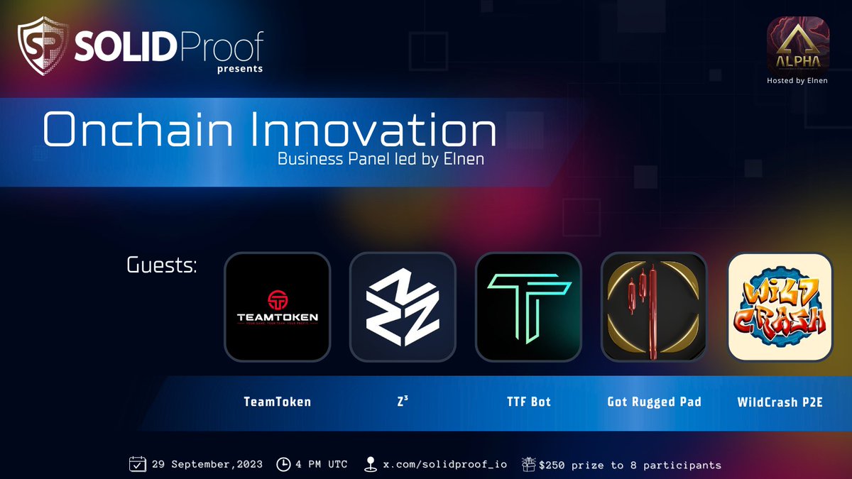 'Onchain Innovation: Business Panel lead by Elnen' Ep.4 🛡️ 📆Friday 4 PM UTC ↘️ x.com/i/spaces/1OyKA… 🎉PRIZES: 2x50 USD 6x25 USD 🧾RULES: 1️⃣Like & RT 2️⃣Tag 2 friends 3️⃣Follow @SolidProof_io & @based_elnen Winners picked during #Spaces! 🔜 #Giveaway #Binance #Crypto #BSC