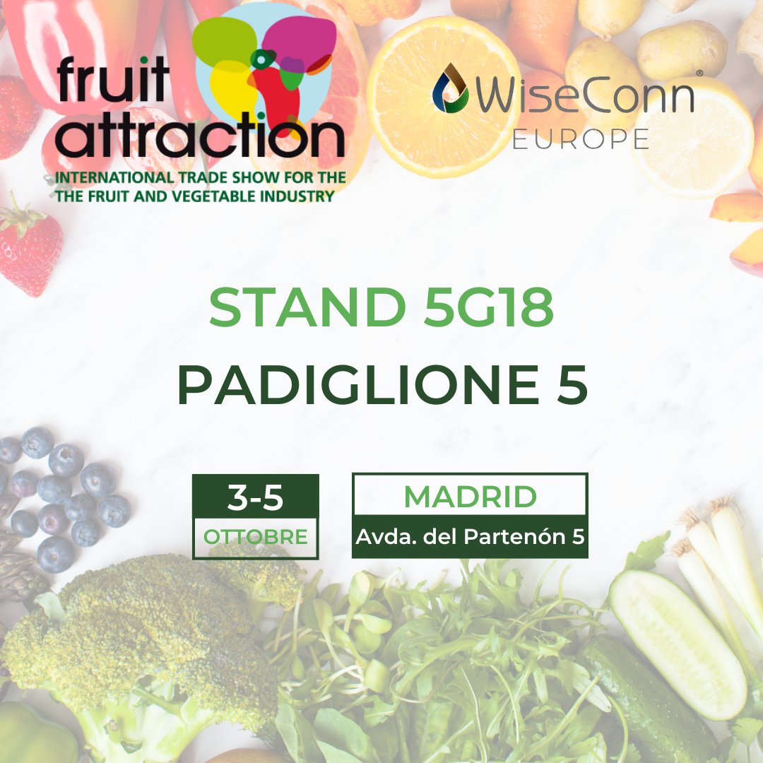 WiseconnEurope's tweet photo. Il 3, 4 e 5 ottobre #WiseConnEurope sarà alla fiera @FruitAttraction a #Madrid🇪🇸 Saremo allo STAND 5G18, Padiglione 5. Vieni a scoprire i benefici del nostro sistema patentato #DropControl!💧 📱 Ti aspettiamo!
Per info: https://t.co/qf4M1BFw1Z

#FruitAttraction23 #AgTech https://t.co/zTg3jfCHNT