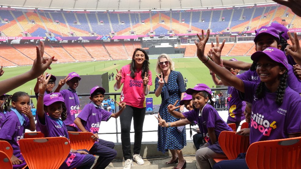 UNICEFIndiaRep's tweet photo. Delighted to have launched the #Criiio4Good initiative with @ICC, @BCCI, @EduMinOfIndia & @mandhana_smriti.
Like the boundaries in cricket, this eight-course module will help children to aim high and score big in life.
Start your lessons now 👉 https://t.co/p8IHL6l1f8 https://t.co/UACFmXHud2