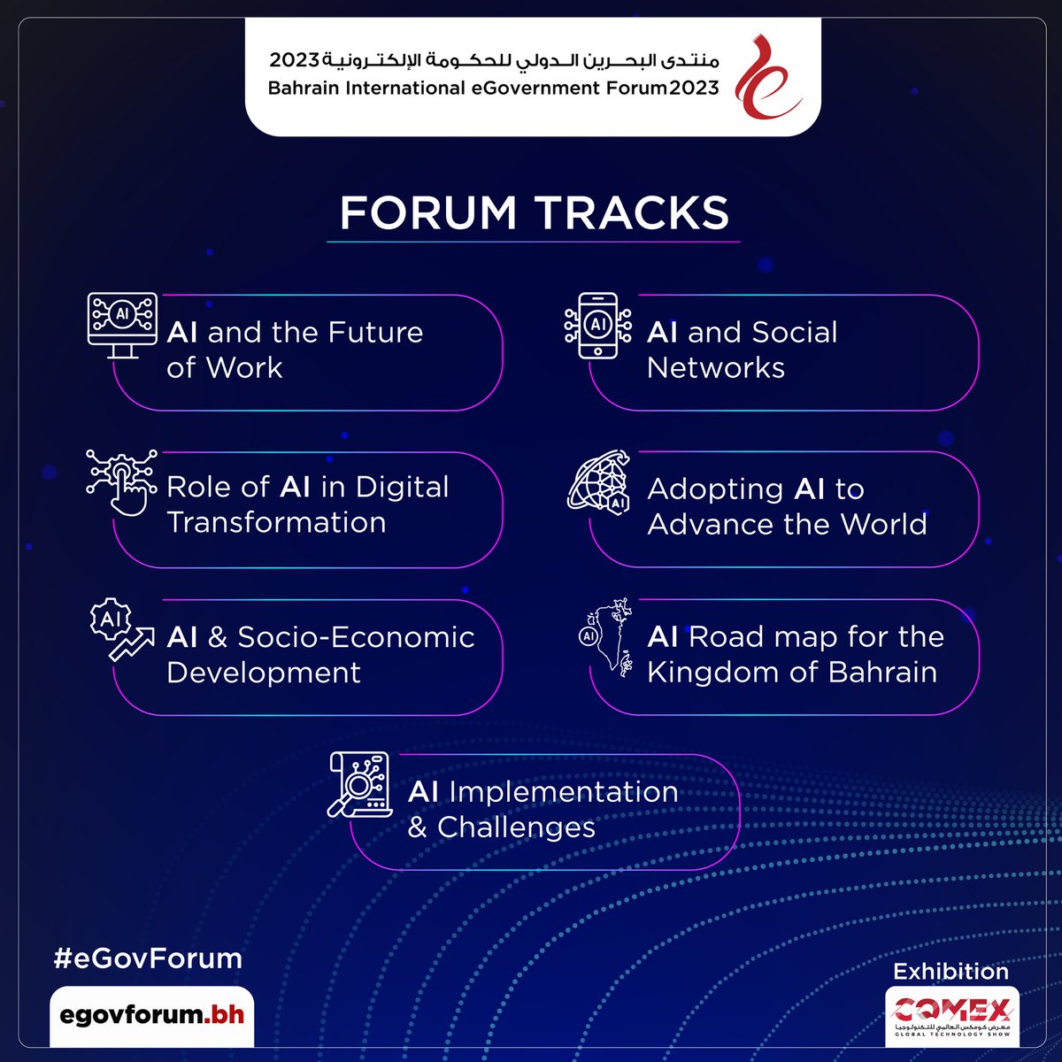 Check out the exciting topics of the Bahrain International eGovernment Forum 2023 &amp; discover the Artificial Intelligence applications and its role in reshaping Industries.

Register now to secure your spot and don't miss out on meeting with top AI experts!