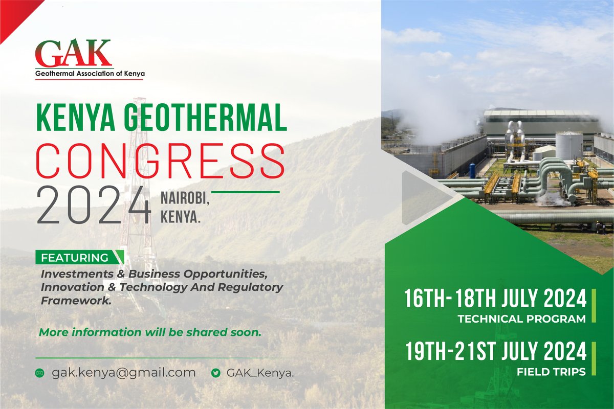 GAK_Kenya's tweet photo. @RocksDoctor @GeothermalCAN Sights now set on Kenya Geothermal Congress (16 – 18 July 2024). See you in Nairobi in July 2024. Call for abstracts ongoing. Check https://t.co/JeZyu70CDr for more details. https://t.co/OU7hnh6B60