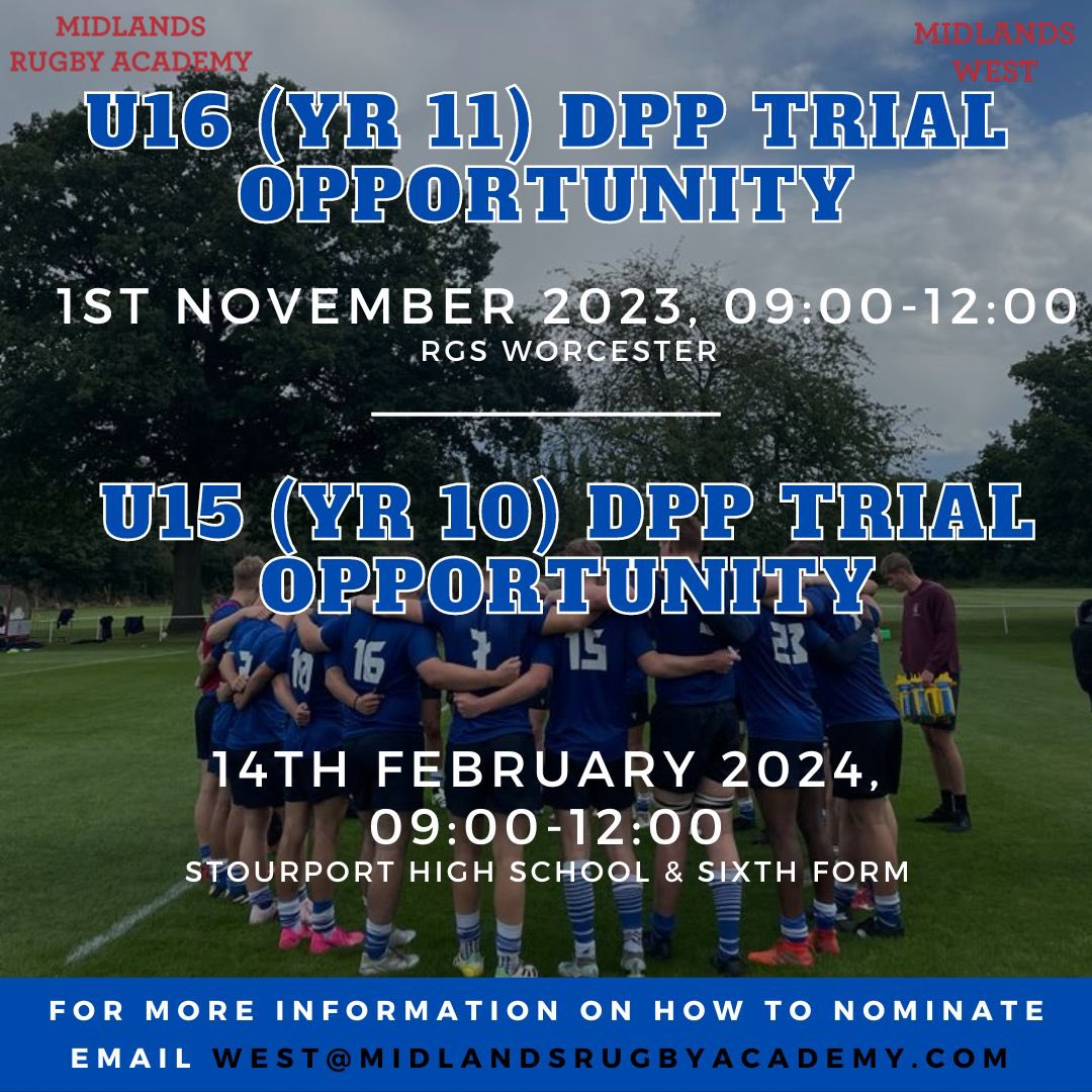 Midlands Rugby Academy (@midsrugbyacad) on Twitter photo Midlands West DPP Trial Opportunities
For more information on how to nominate please email west@midlandsrugbyacademy.com Midlands West DPP Trial Opportunities
For more information on how to nominate please email west@midlandsrugbyacademy.com