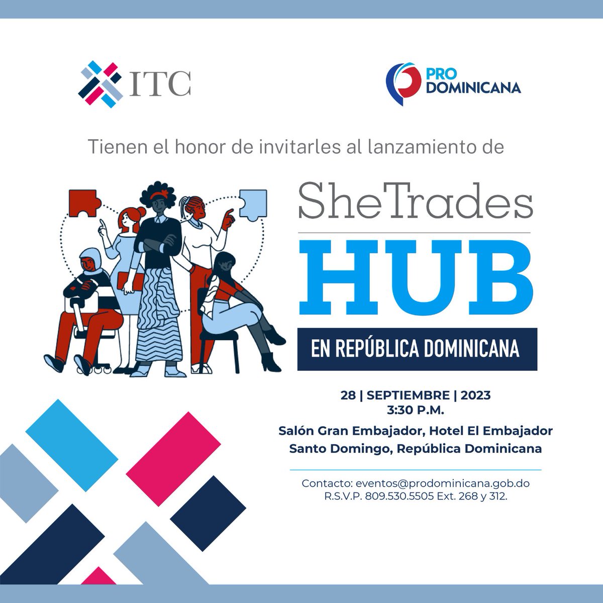 🗓️¡Hoy!  

📢 ¡El ITC y <a href="/prodominicana/">ProDominicana</a> están lanzando el #SheTrades Hub en República Dominicana🇩🇴!

📺 No te pierdas la transmisión en vivo del lanzamiento del Hub a las 16:00 AST/22:00 CEST
🔗fb.me/e/3vx5p59zv