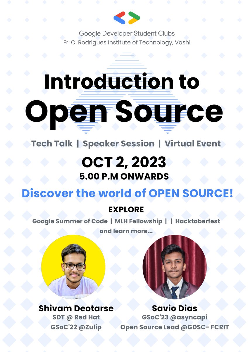 gdscfcrit's tweet photo. Are you an open-source enthusiast? Planning to contribute to hacktober fest? Then there is the proper chance for you to learn about open source and open source contribution

We are back with another event *Introduction to Open Source*
Register here
https://t.co/j8BXQOLNMQ https://t.co/1errZgAFh7