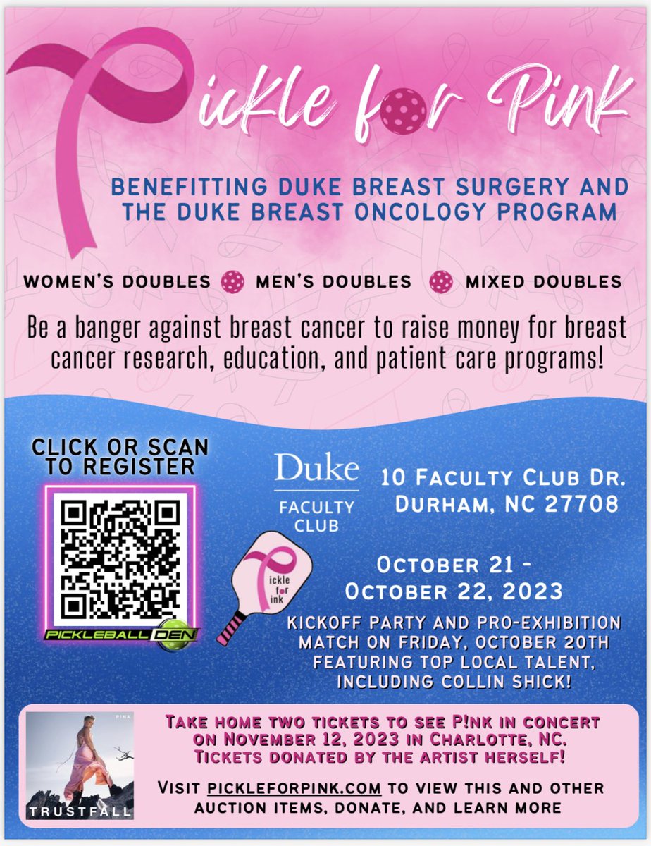 Maggie DiNome MD (@maggiedinomemd) on Twitter photo Join us for our inaugural pickleball fundraiser! Come play or bid on auction items online including floor seats to <a href="/Pink/">P!nk</a> Trustfall tour in Charlotte, pickleball paddles signed by pros, 2024 US Open tix, signed Carolina Hurricanes hockey stick and more!! <a href="/DukeSurgOnc/">Duke Surgical Oncology</a> <a href="/Duke_BOP/">Duke Breast Oncology Program</a> Join us for our inaugural pickleball fundraiser! Come play or bid on auction items online including floor seats to <a href="/Pink/">P!nk</a> Trustfall tour in Charlotte, pickleball paddles signed by pros, 2024 US Open tix, signed Carolina Hurricanes hockey stick and more!! <a href="/DukeSurgOnc/">Duke Surgical Oncology</a> <a href="/Duke_BOP/">Duke Breast Oncology Program</a>