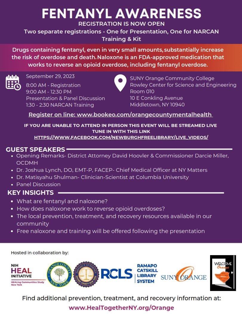 goRCLS's tweet image. 📅 Join us on Fri. Sep 29 for Orange County&apos;s Fentanyl Awareness event! 🗣️ Expert speakers, Narcan training, and more. Learn about fentanyl, Narcan, and opioid resources. Open registration! 🎥 Live-stream on Facebook. Don&apos;t miss it! #FentanylAwareness #SupportRecovery…