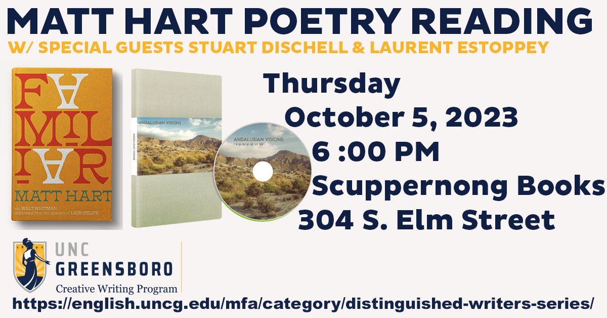 greensbororevie's tweet photo. Join us at @ScupBooks one week from today for a reading by #GreensboroReview contributor Matt Hart with special guests @StuartDischell and Laurent Estoppey https://t.co/oyKCXHrIhn
@mfagreensboro
@UNCG_ENG
@UNCG_CAS
@UNCG_Comm_Eng
@UNCG
#poetry #music #UNCGWay #FindYourWayHere https://t.co/FkIHyNQAEO