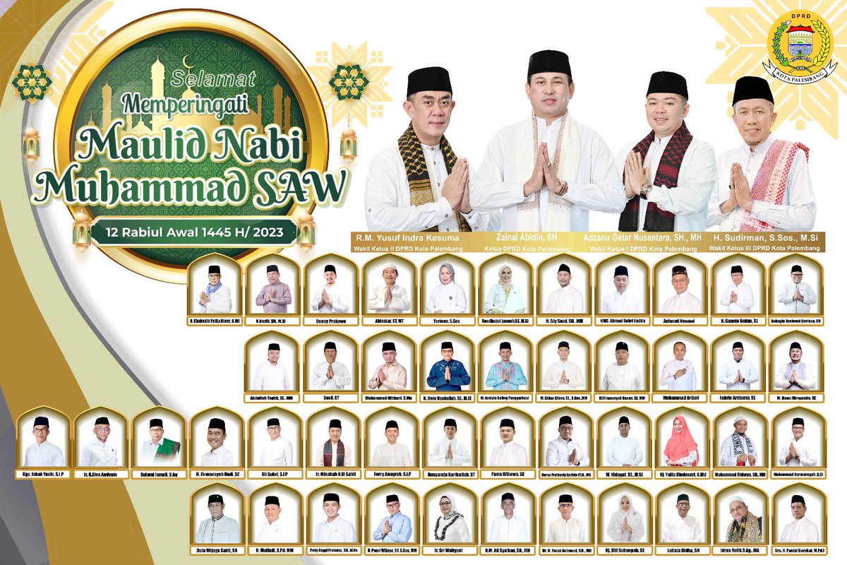 Segenap Pimpinan dan Anggota DPRD Kota Palembang  mengucapkan Selamat Memperingati Maulid Nabi Muhammad SAW, semoga akhlak mulia dan kerendahan hatinya senantiasa menjadi tauladan bagi kita semua.

#dprdkotapalembang