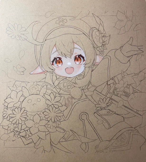 改めて振り返ると全然最後まで描けてないけど原神3周年おめでとうございます#色鉛筆 #模写 #原神3周年 