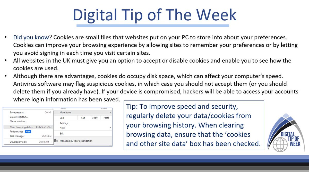 ComputingTac's tweet image. The Digital Tip of the Week for this week focuses on both the positive and negative impacts of Cookies on our computer systems 🍪 Make sure you understand how to use cookies to your advantage (Digitally!) #TAC #DigitalTipoftheWeek #OnlineSafety