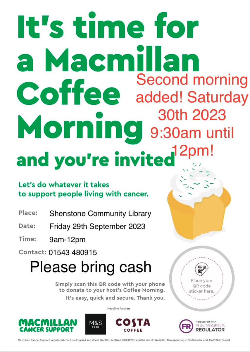 Our coffee morning is tomorrow! Please bring cash if possible 😊

coffeefundraising.macmillan.org.uk/fundraising/cm…