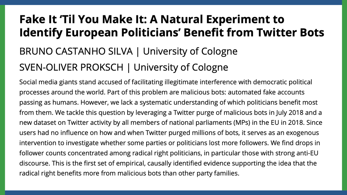 Who benefits from malicious bots? @b_castanho & @so_proksch, employing the 2018 Twitter bot purge as an exogenous intervention, provide the first causal evidence that radical right parties benefit more from malicious bots than other party families. #TBT cambridge.org/core/journals/…