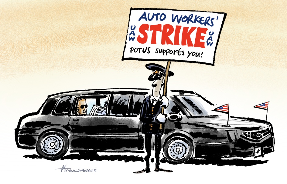 Biden supports the strikes

#US #USA #potus #Biden #car #workers #strikes #strike #union #elections #America #carindustry @UAW  @Joop @cartoonmovement @CartooningPeace