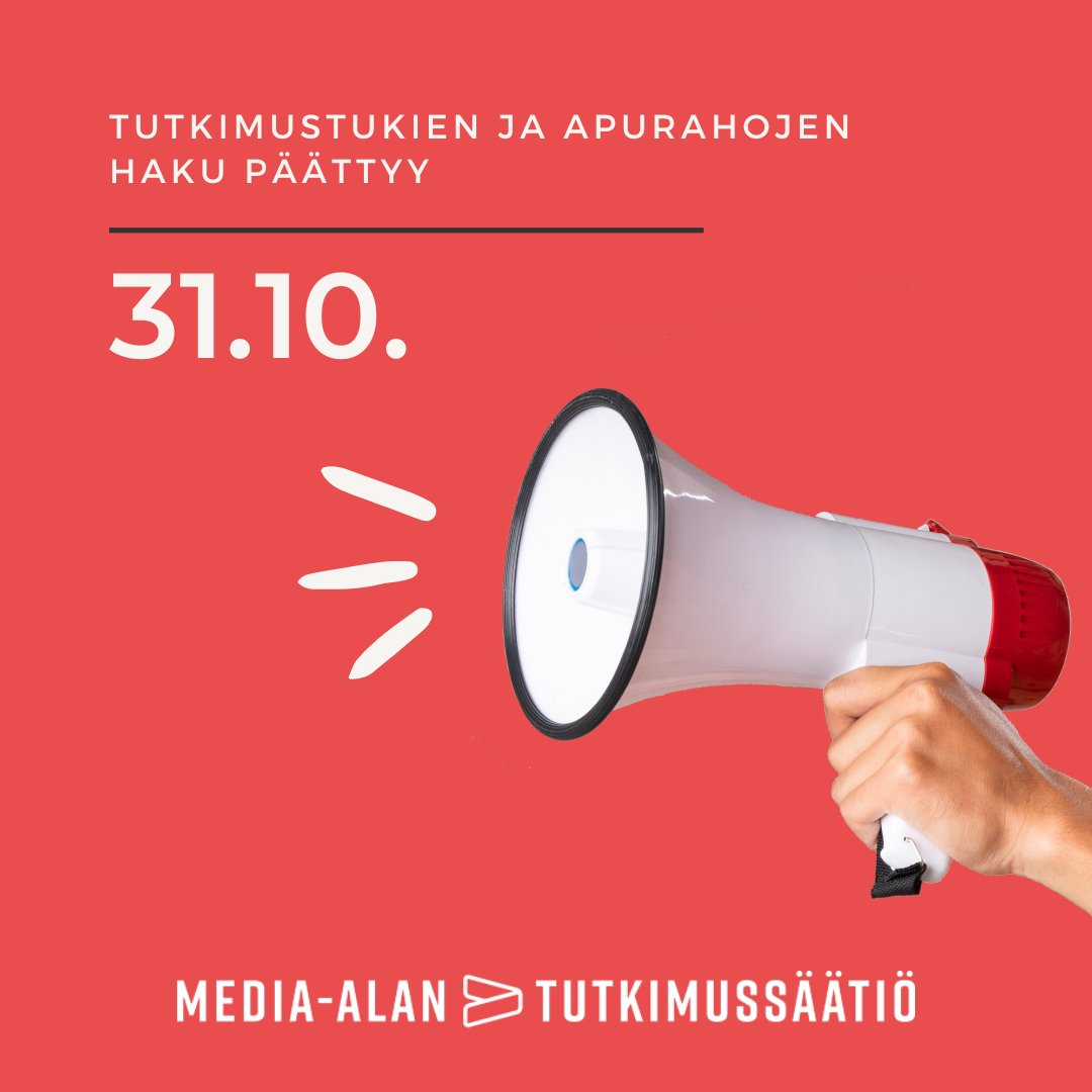 Vuoden viimeinen haku media-alan apurahoille ja tutkimustuille päättyy 31.10. klo 16.

Lue lisää ja hae tukea:
mediaalantutkimussaatio.fi/tutkimustuki-a…

#apuraha #säätiötekoja