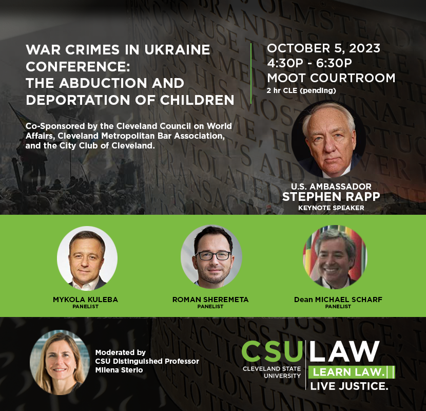CSULAWSchool's tweet photo. Please join distinguished professor @MilenaSterio at this free discussion on the abduction &amp; deportation of children during the Russian invasion of Ukraine. There will be a live auction, musical entertainment, as well as food and refreshments.

Register at https://t.co/oLaLwYxC9b https://t.co/ODDLugZDQX