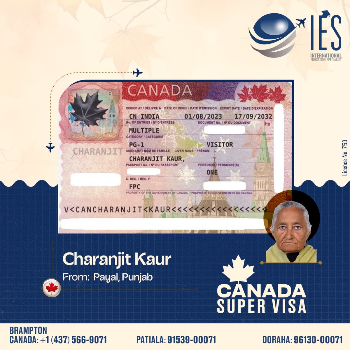 IesOverseas's tweet image. 🇨🇦Charanjit Kaur's Canada Super Visa is approved, and your family reunion could be next. Contact us to initiate your own Super Visa application. 

#IESOverseas #CanadaSuperVisa #FlyAbroad #Canada #SettleInCanada #ImmigrationConsultants #SuperVisaApproved #FamilyHappiness
