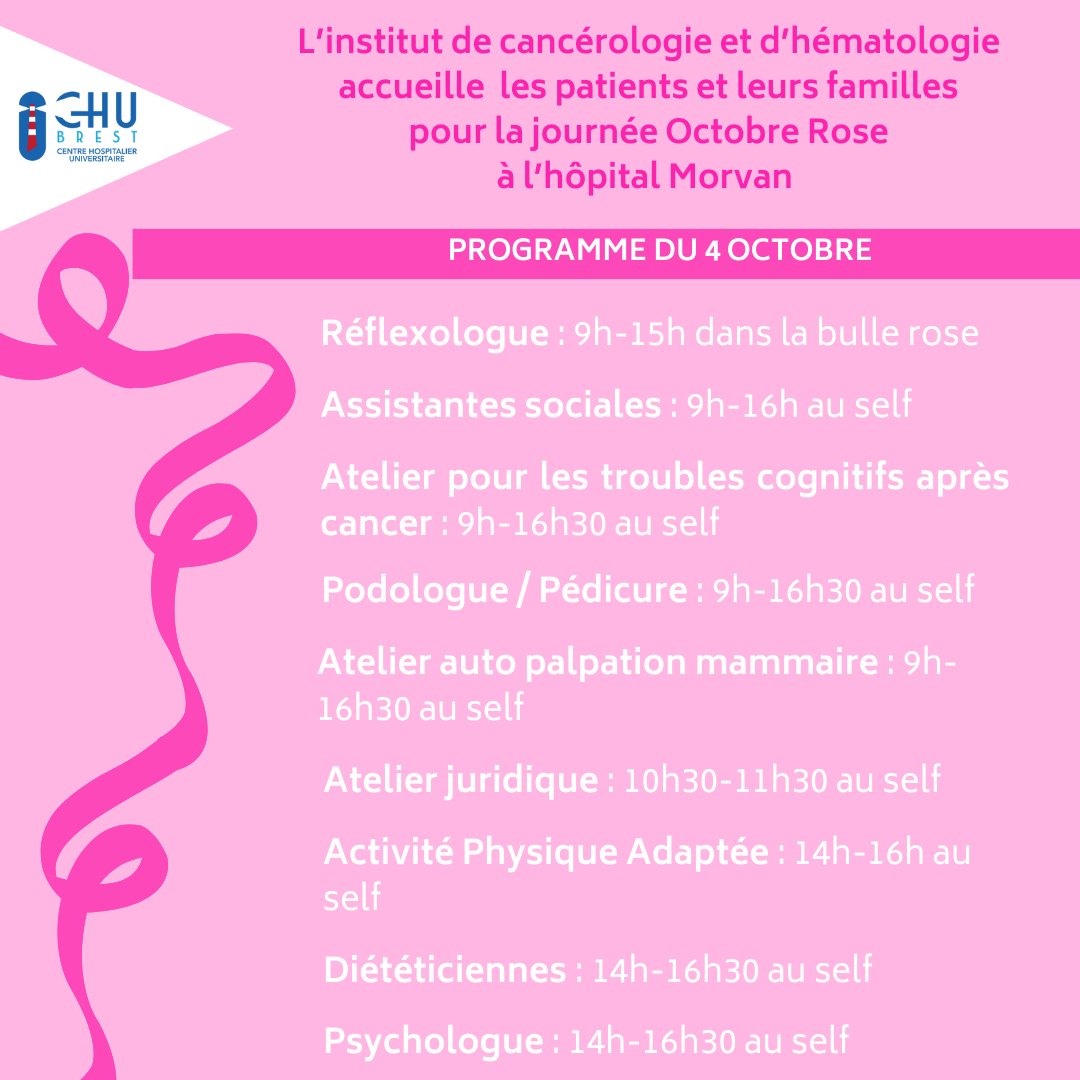 Rendez-vous le mercredi 4 octobre pour la journée Octobre Rose à l’hôpital Morvan ! 💗 L’institut de cancérologie et d’hématologie vous accueille, patients et familles tout au long de la journée et vous proposent des ateliers autour du cancer du sein. #octobrerose #chubrest