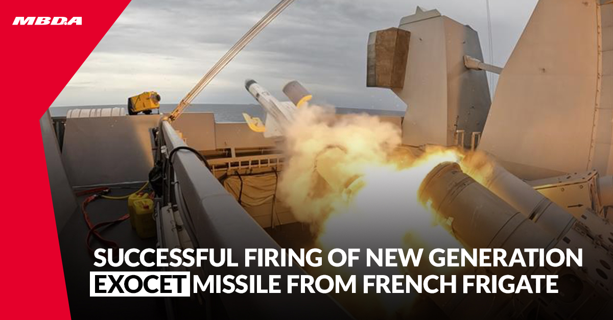 MBDAGroup's tweet photo. 🌊🚀 Launch Success! We're proud to announce the successful firing of the Exocet MM40 B3c missile from the FREMM DA Alsace frigate.

🗞️ Get the full details in our press release: https://t.co/xUUI9y2oMF https://t.co/rHuFviCJCN