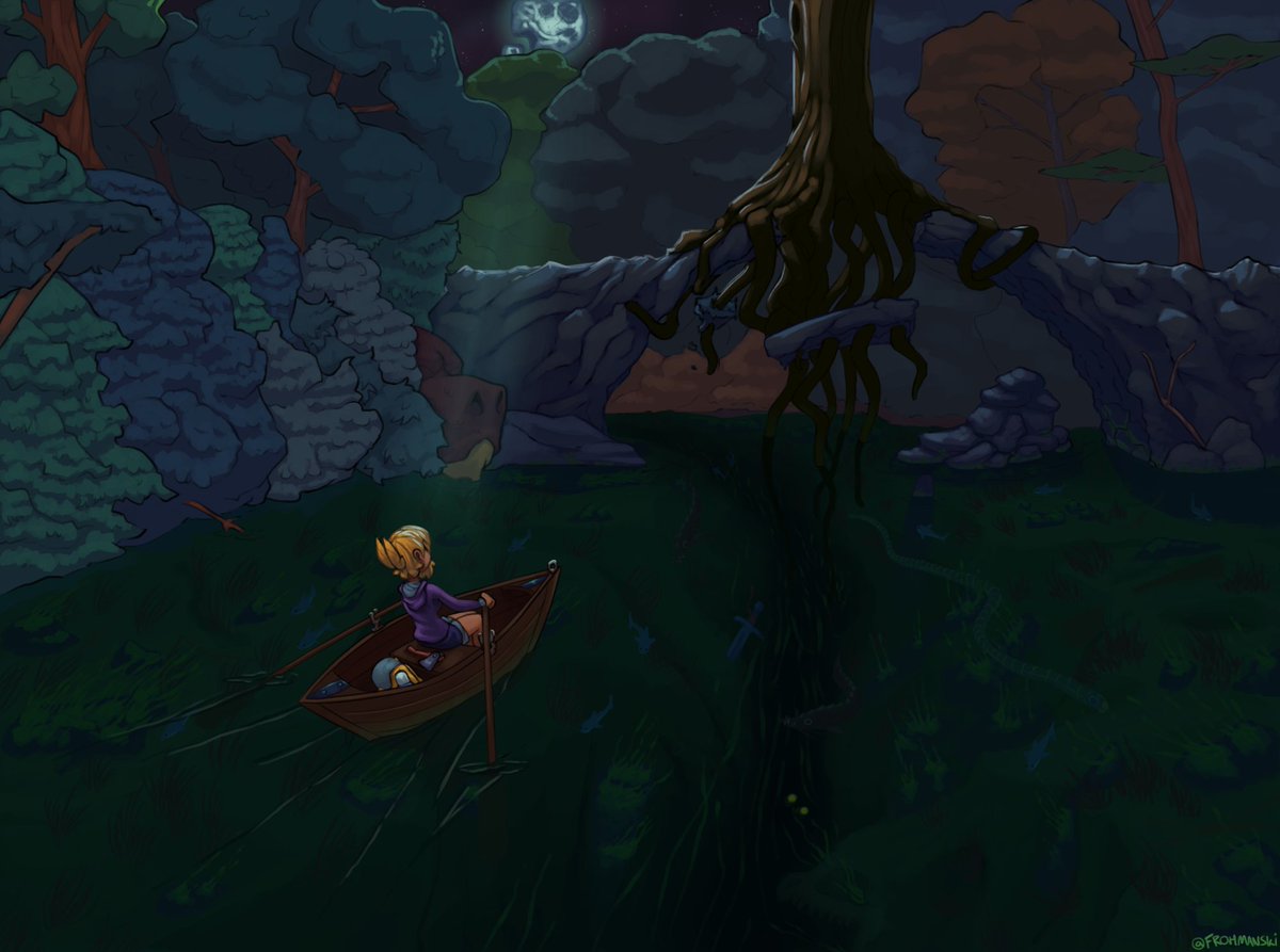 Frohmanski's tweet photo. Behold a Witches Tree, lore wise ancient witch hunts lead to creative means of hiding in plain sight. Unfortunately these were poorly tested. Some pointy hatted cauldron stirrers ended up disguising as trees permanently. Such as this out of place tree.

#digitalart #digitalartist https://t.co/fySKLuaJDk
