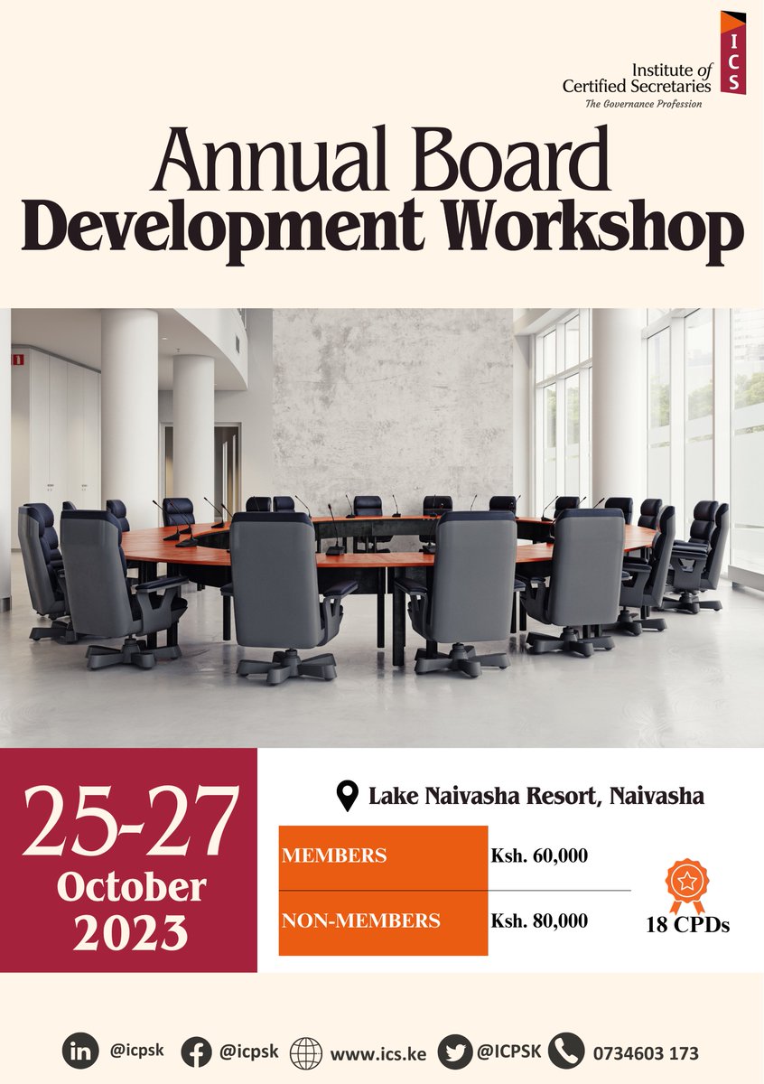 ICS_Kenya's tweet photo. Join us for the Annual Board Development Workshop! October 25th - 27th 2023, at Lake Naivasha Resort, Naivasha. Discover all the details in our Event Brochure here👉🏻https://t.co/bgm5HgDzZ3

Register here  https://t.co/nNVqR9xm2E

#BoardWorkshop #ProfessionalDevelopment https://t.co/uoXL2CRFpd